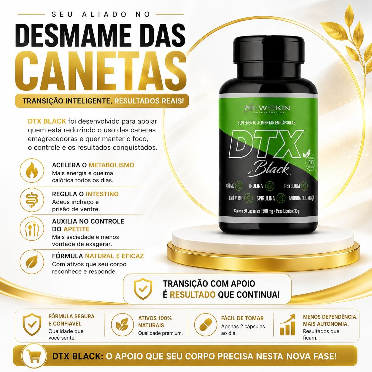 Pote de DTX Black com os ativos da fórmula